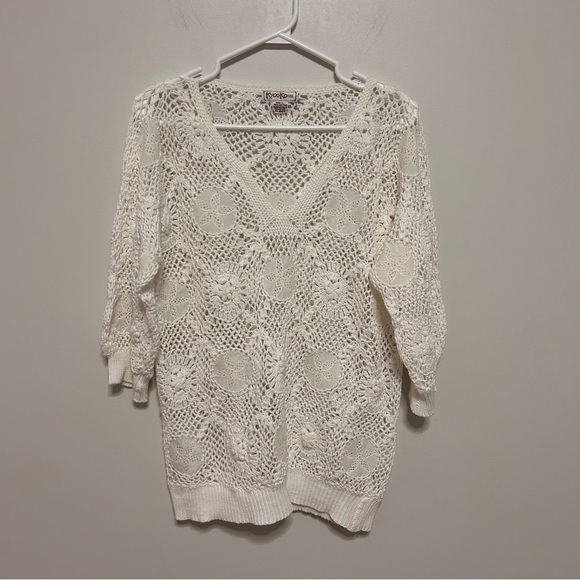 Crochet V-Neck Sweater women’s size Lrg  sand Dollar Cotton open Knit 3/4 Sleeve - Picture 2 of 9